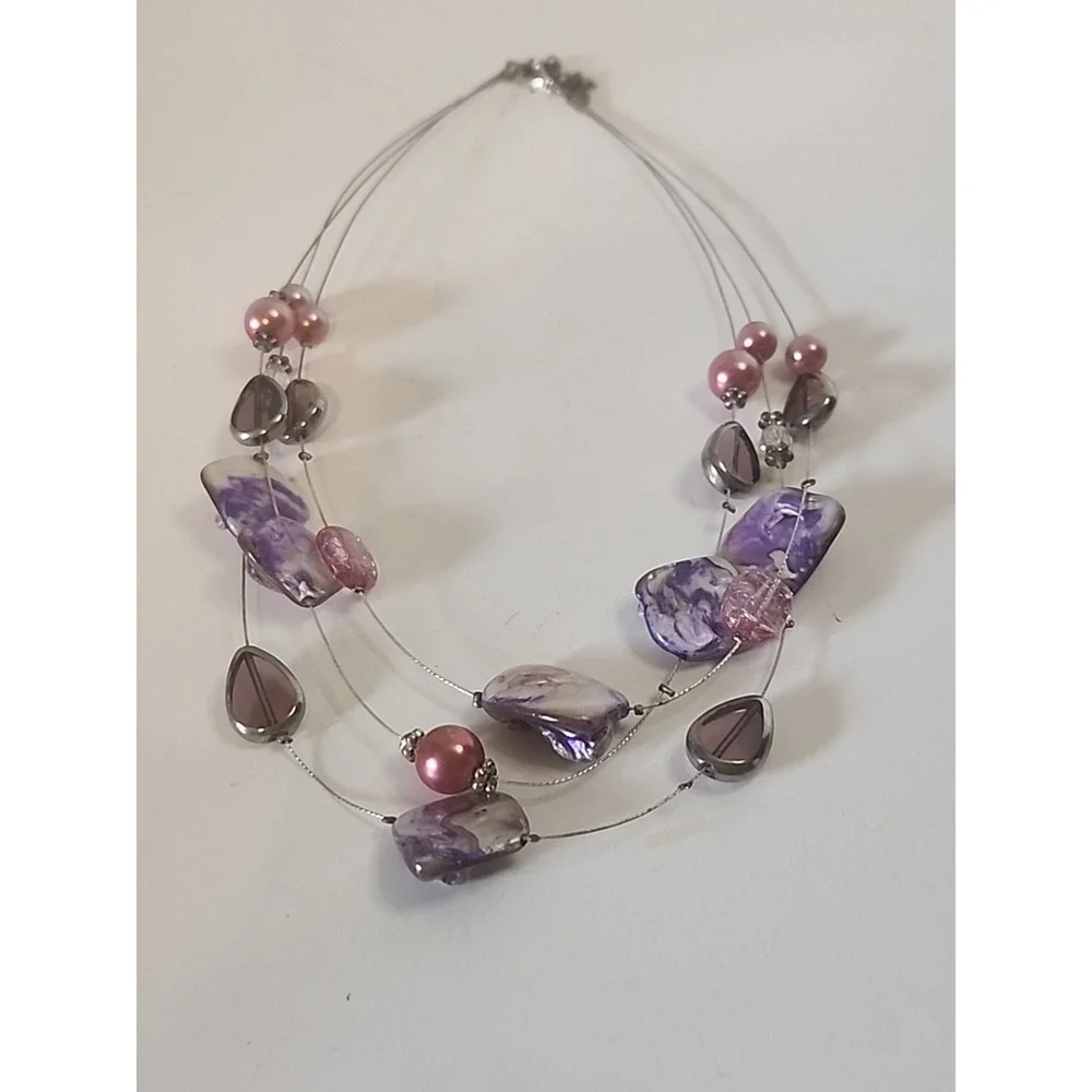 VTG Triple Strand  Floating Dyed‎ Shell Glass & Acrylic Beaded Necklace 21
